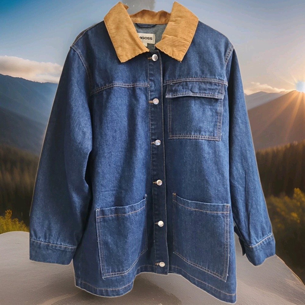VIGOSS Womens Denim Barn Chore Jacket Button Corduroy Collar Blue Large